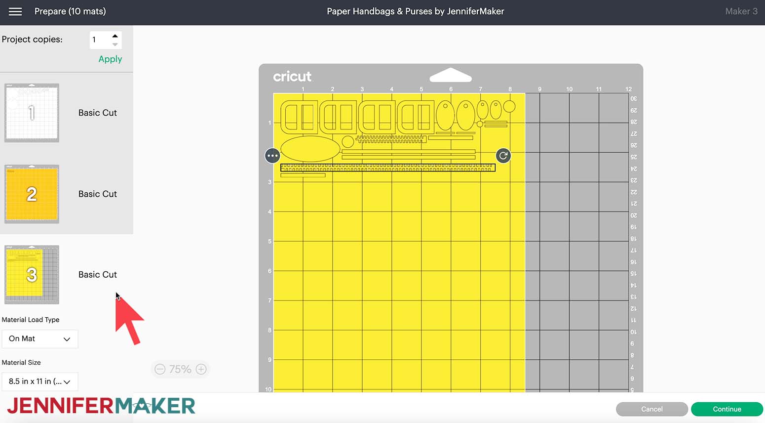 A screenshot of the Prepare screen in Cricut Design Space showing the mat for the gold pieces of the paper handbags after changing the material size to 8.5 by 11 inches
