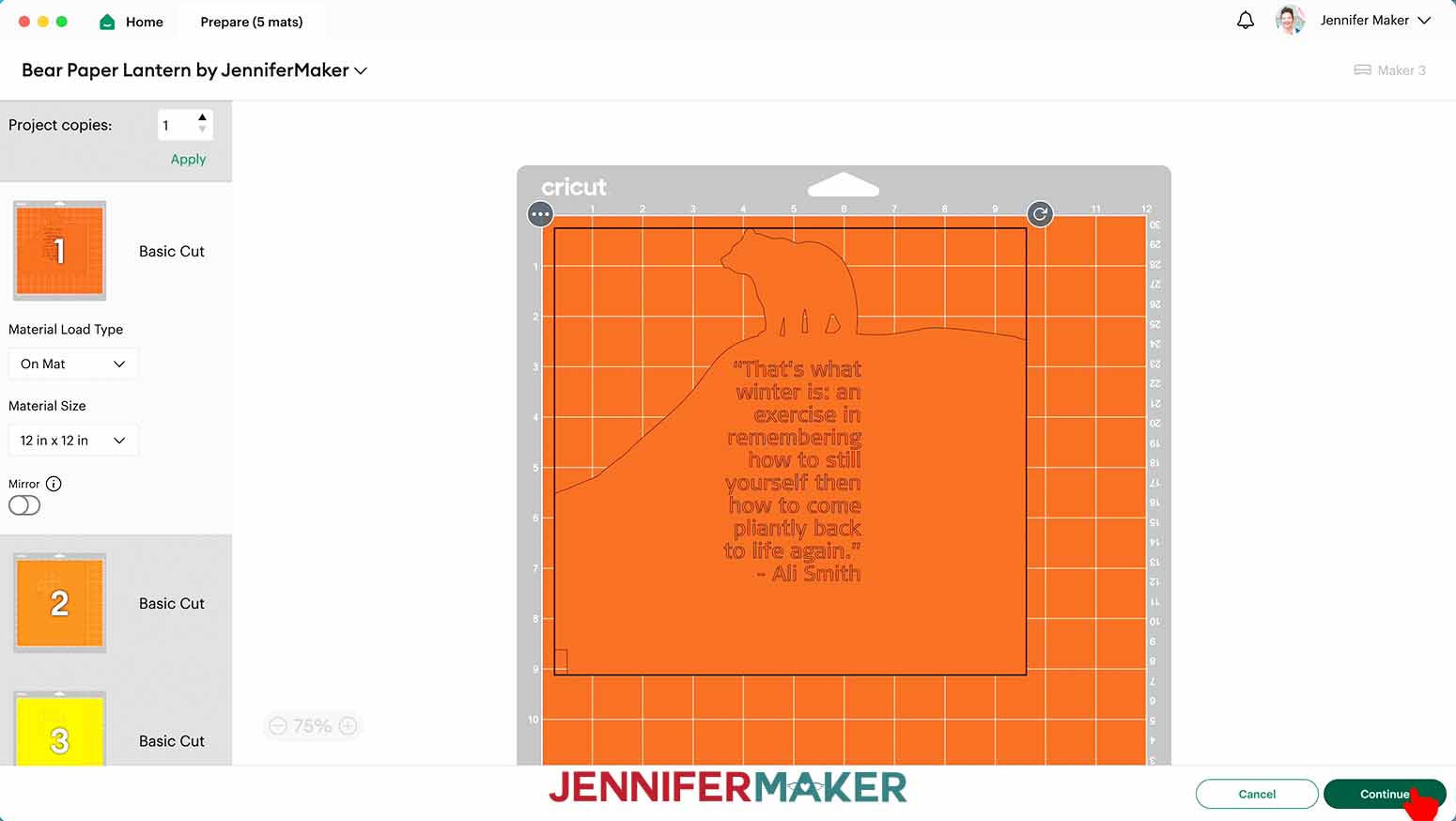 An image showing the prepare your mat screen in Design Space for the bear variation of the layered paper lanterns with lights.
