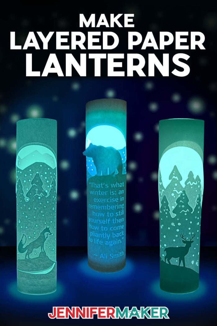 Learn how to make layered paper lanterns with lights with Jennifer Maker's tutorial! Three illuminated paper lanterns with a fox, bear, and deer glow against a starry background.