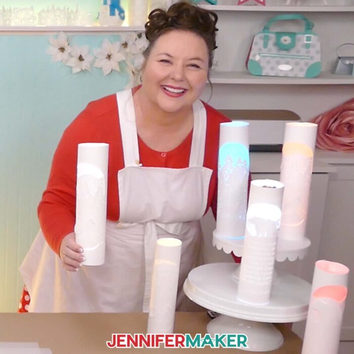 Learn how to make layered paper lanterns with lights with Jennifer Maker's tutorial! Jennifer shows off six finished paper lanterns in her studio craft room!