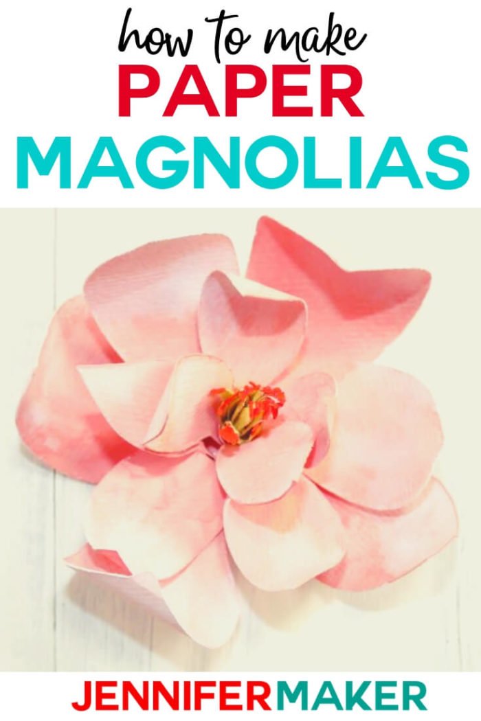 Make a gorgeous paper magnolia blossom with a free pattern and cut files. I have also included a full tutorial. This project is perfect for parties, weddings, and decor! #cricut #cricutmade #cricutmaker #cricutexplore #svg #svgfile