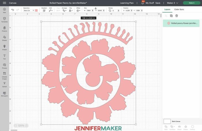 A rolled paper peony SVG cut file uploaded to Cricut Design Space