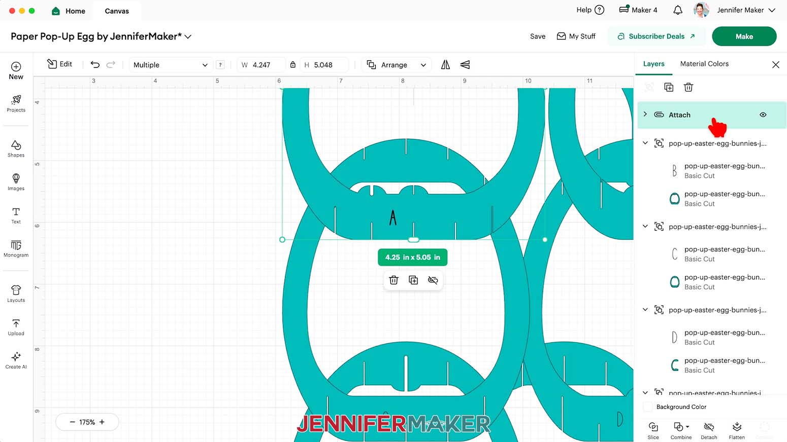 The first group of attached layers for the paper pop up easter egg at the top of the Cricut Design Space Layers Panel.