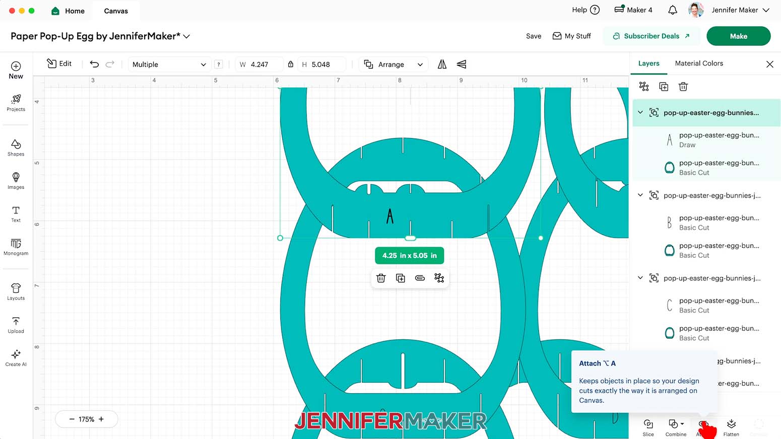 Select both Draw and Basic Cut layers for a pop up Easter egg piece and click Attach in Cricut Design Space.