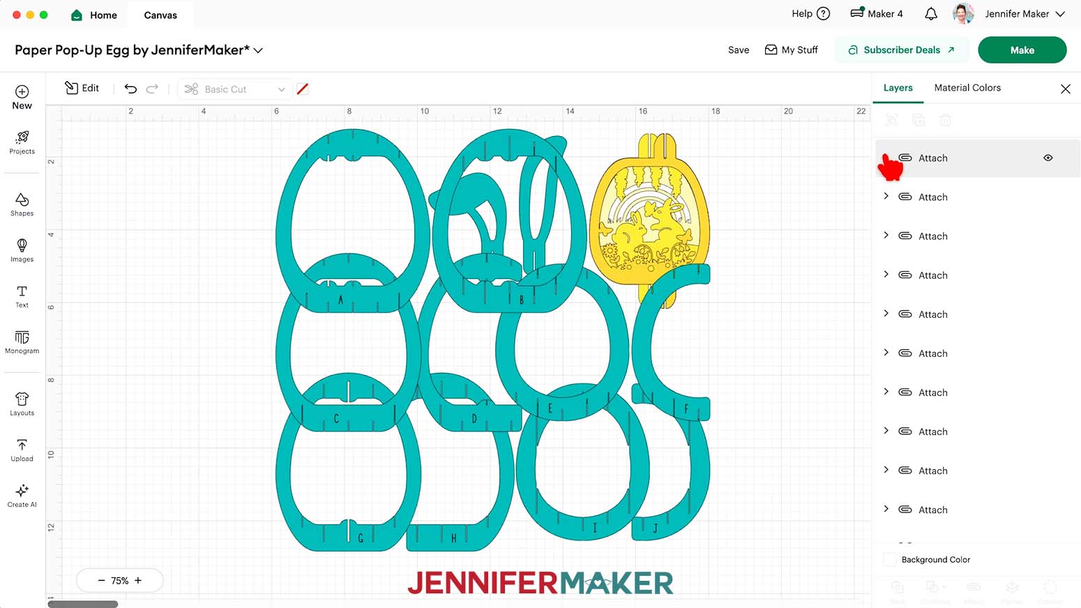 All the pop up Easter egg layers have been attached in the Cricut Design Space Layers Panel.