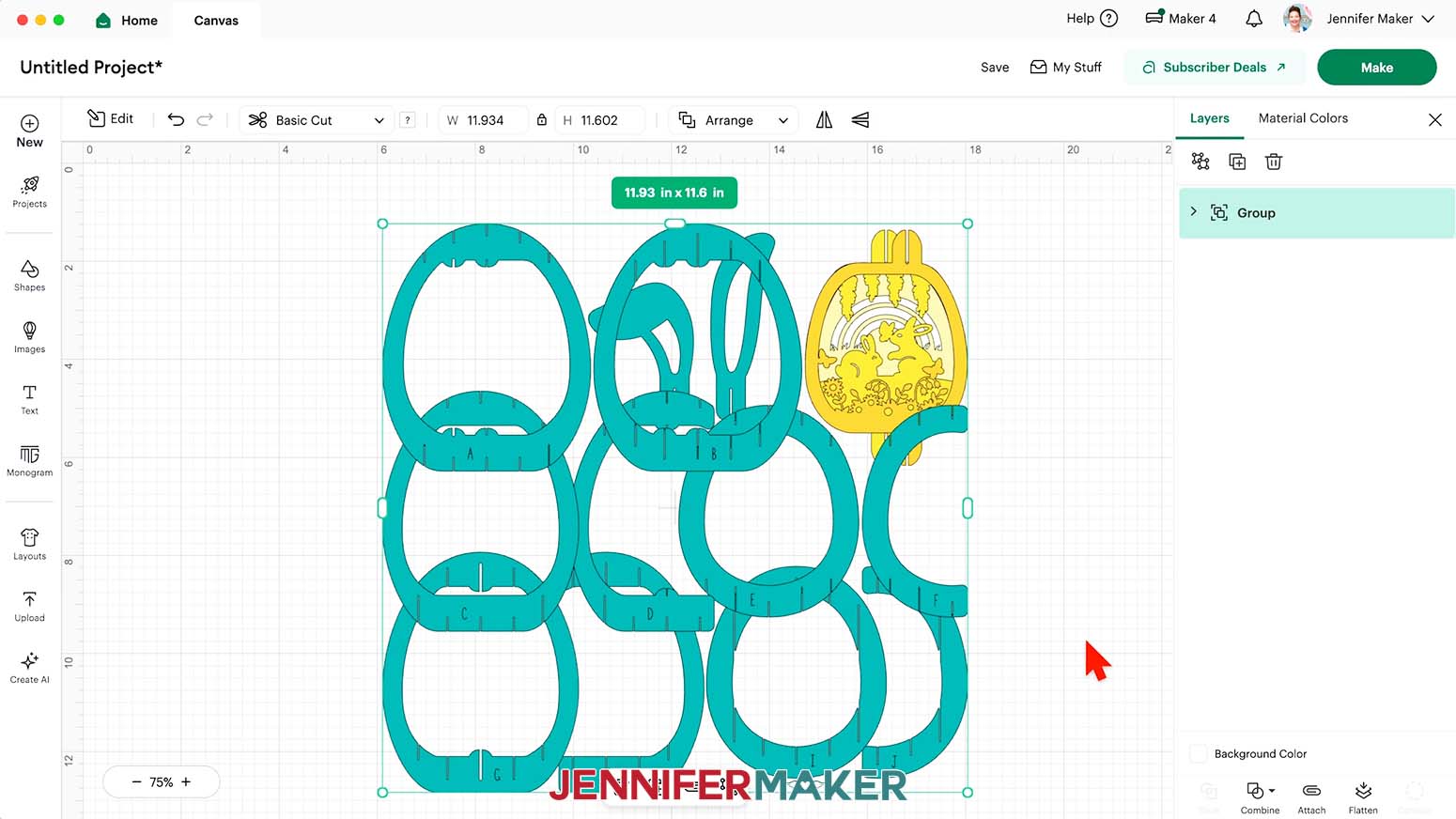 The Paper Pop Up Easter Egg file on the Design Space Canvas, showing the dimensions as 11.93 by 11.6 inches.