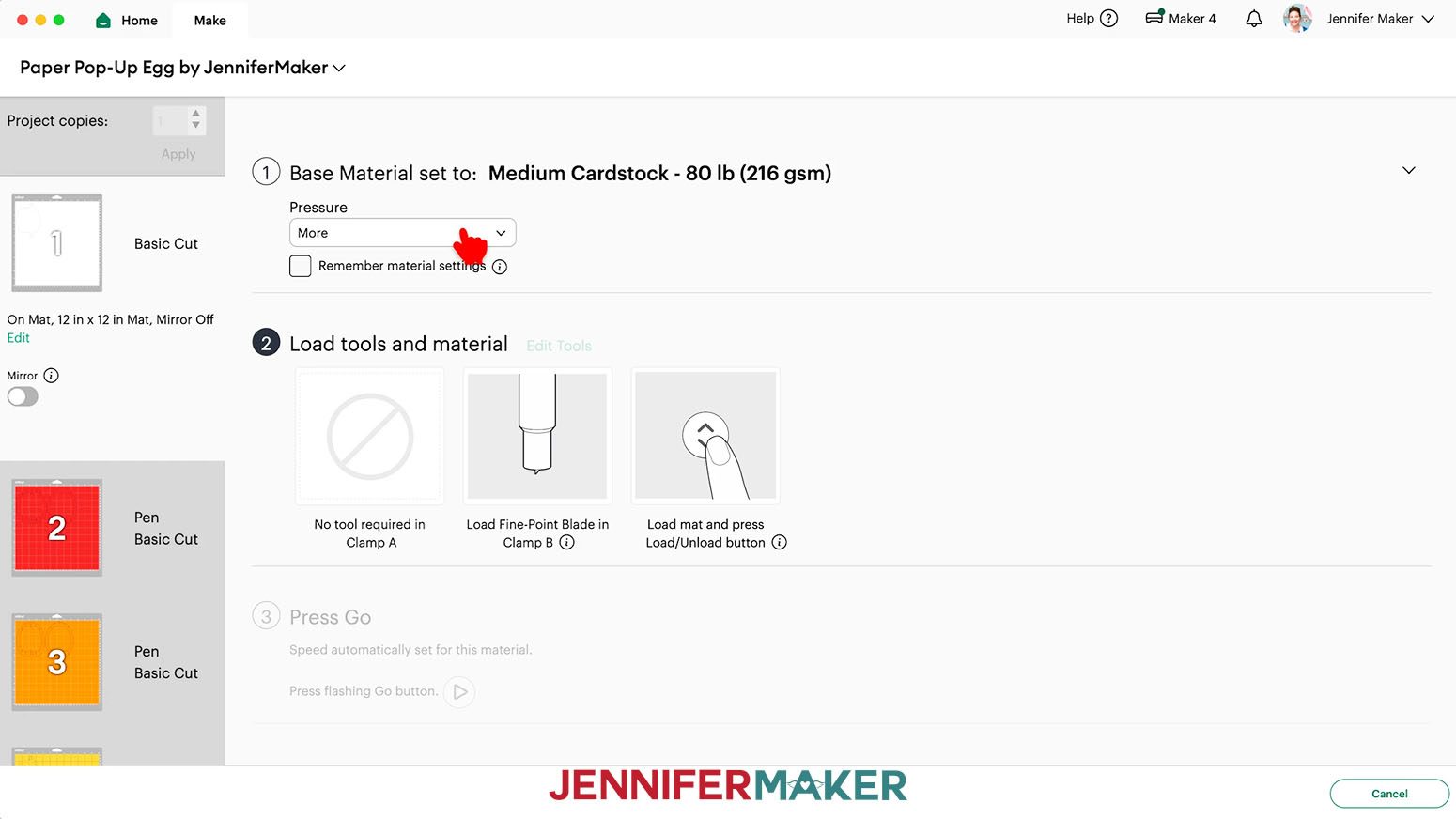 Change the Base Material setting on the Make screen to "Medium Cardstock - 80 lb (216 gsm)" and the pressure to "More."