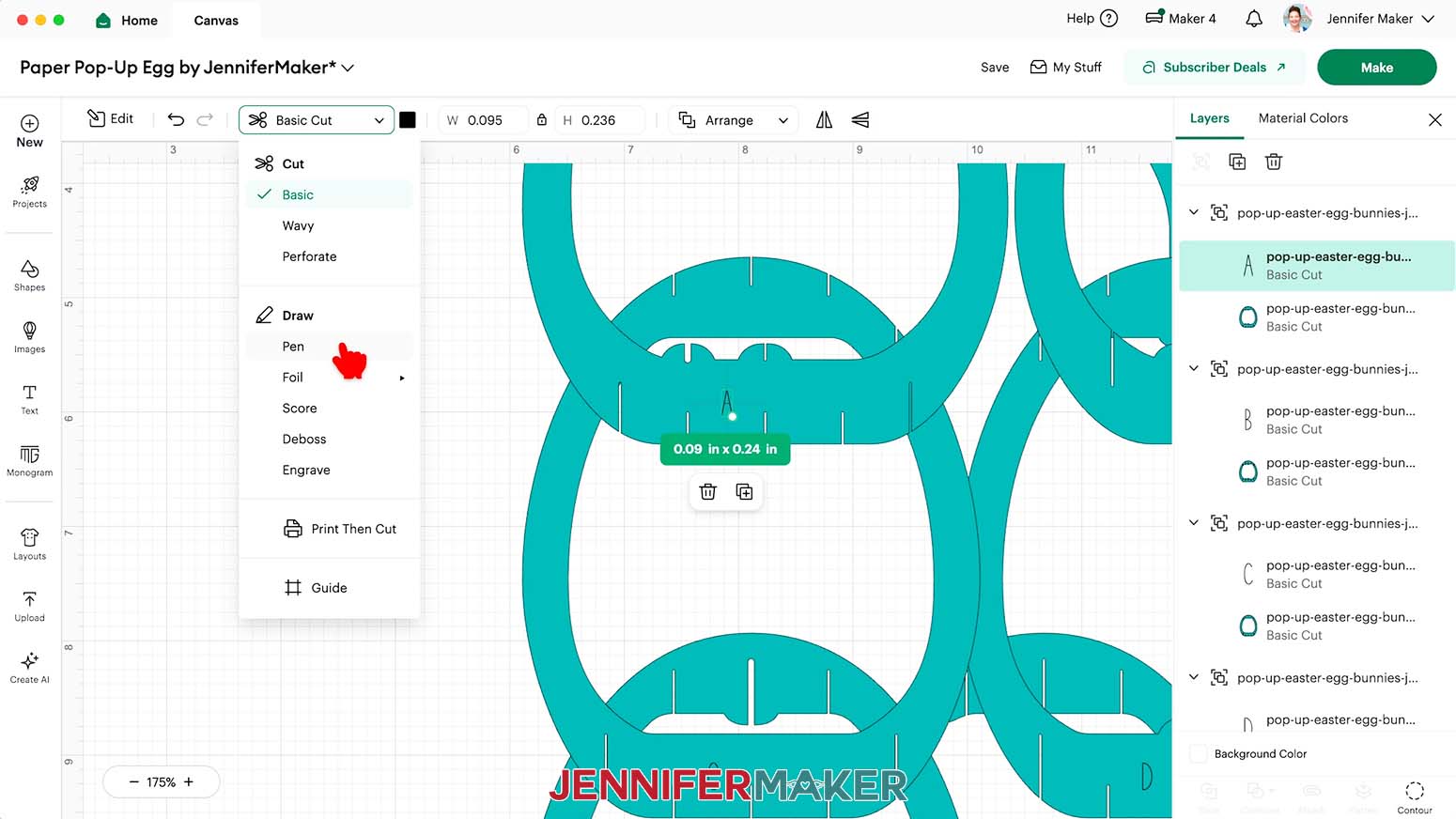 Change the operation in Cricut Design Space to Pen for the Draw layer on the pop up Easter egg design.