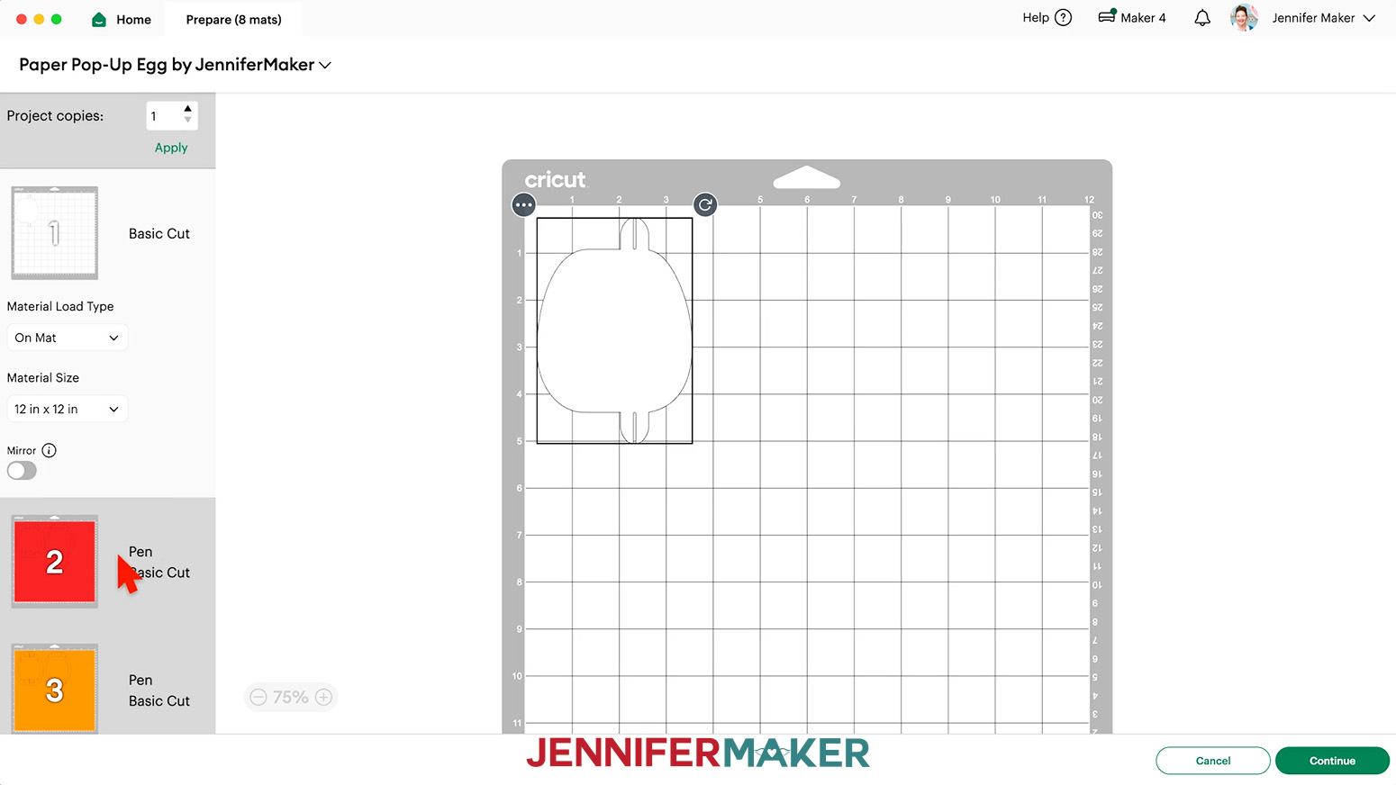 The Prepare screen in Cricut Design Space for the Paper Pop Up Easter Egg.