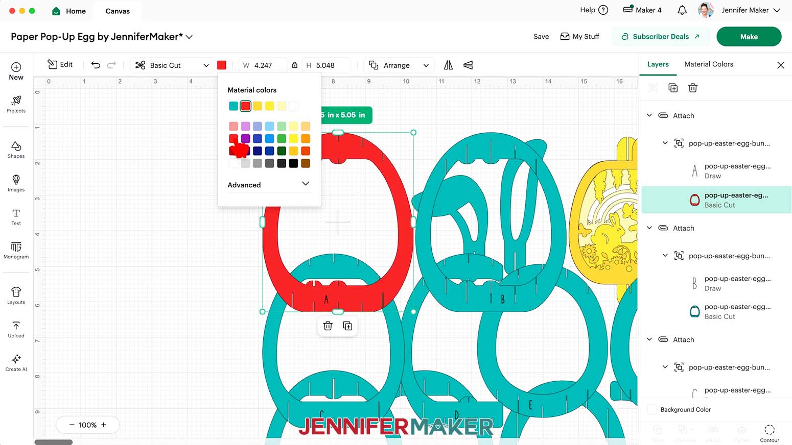 Click the color box at the top of Design Space to pick a new red color for the paper pop up Easter egg piece A.