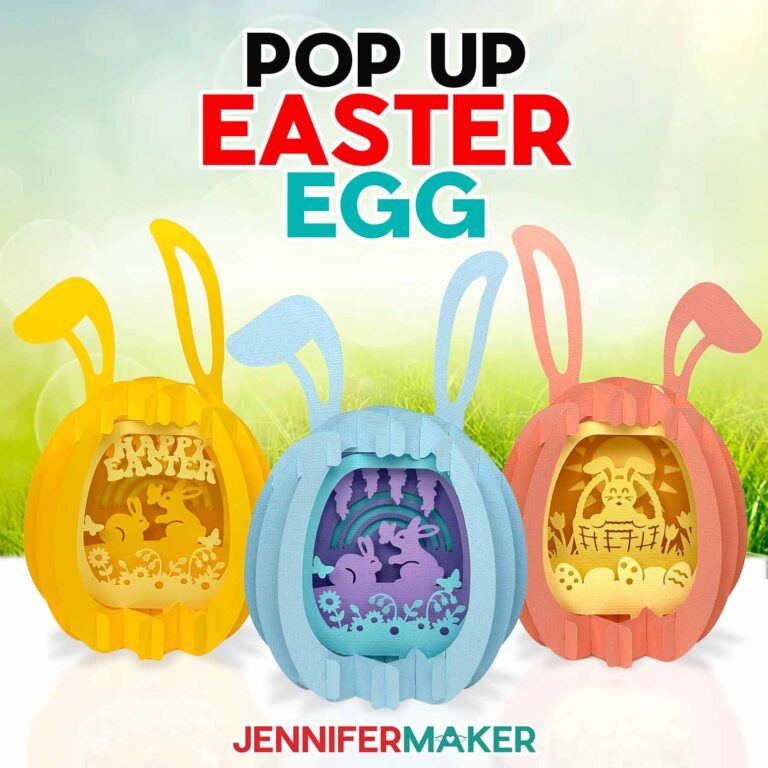 Three Paper Pop Up Easter Egg projects on display, each featuring pastel colors and intricate bunny scenes
