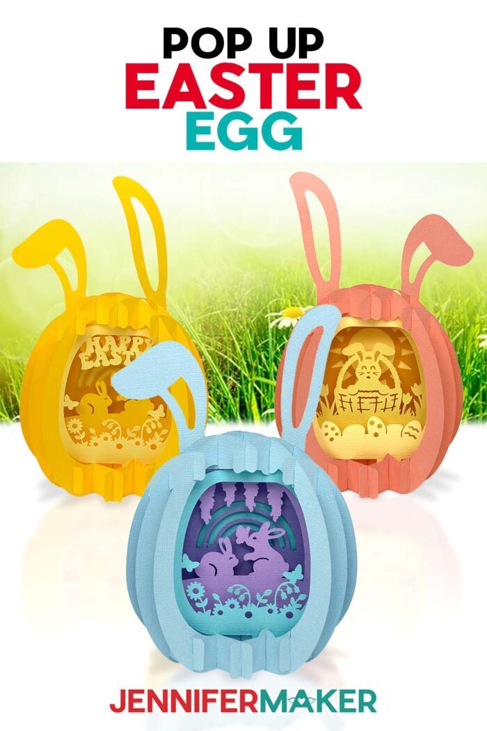 Three Paper Pop Up Easter Egg projects on display, each featuring pastel colors and intricate bunny scenes. Make them with the free SVG files and free tutorial!