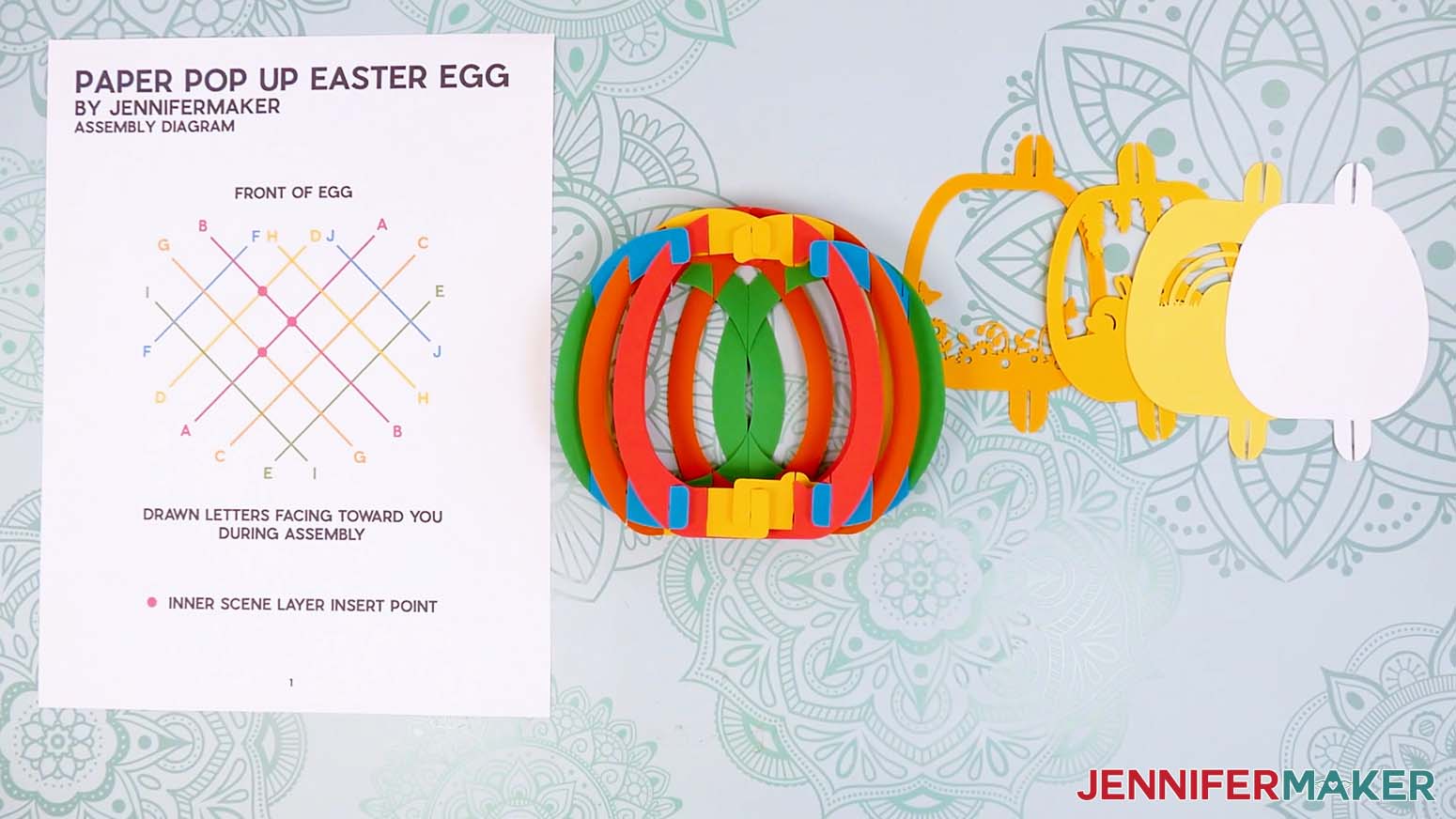 The paper pop up Easter egg printed assembly diagram, assembled egg shell, and four scene layers displayed on the work surface.