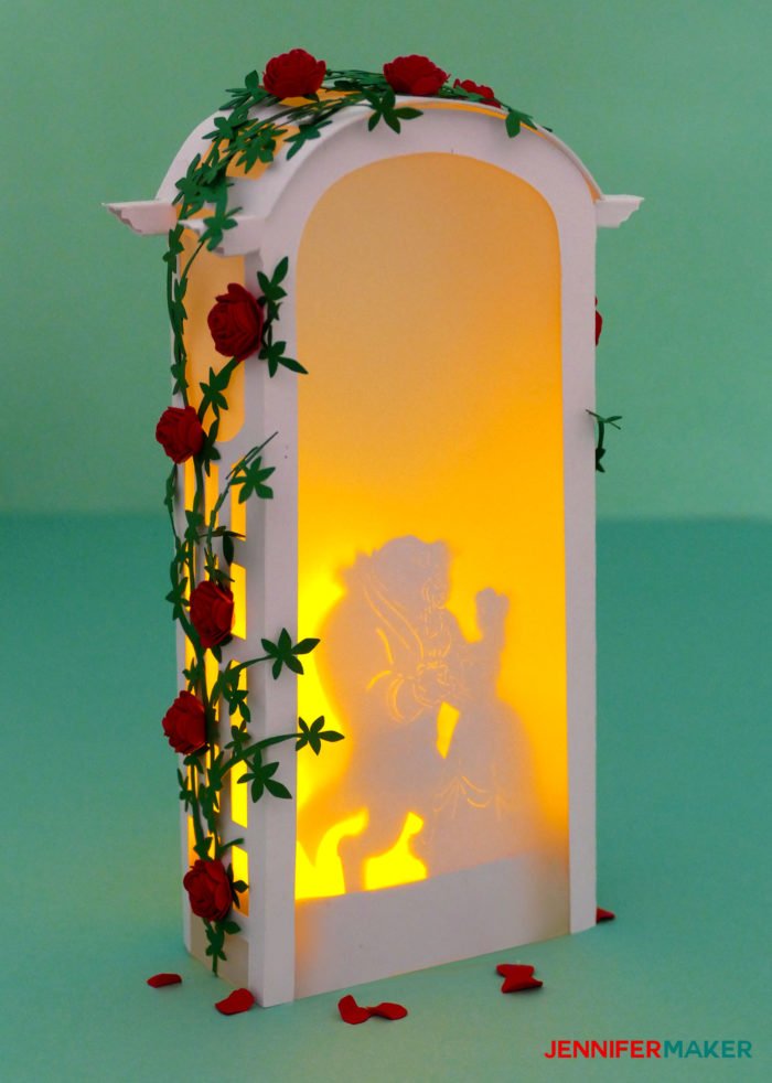 Make a Beauty & the Beast Paper Rose Arbor Luminary for wedding decor, parties, centerpieces, and memorials #cricut #papercraft #paperflowers #luminary #diy #weddingdecor #disney #princess #beautyandthebeast