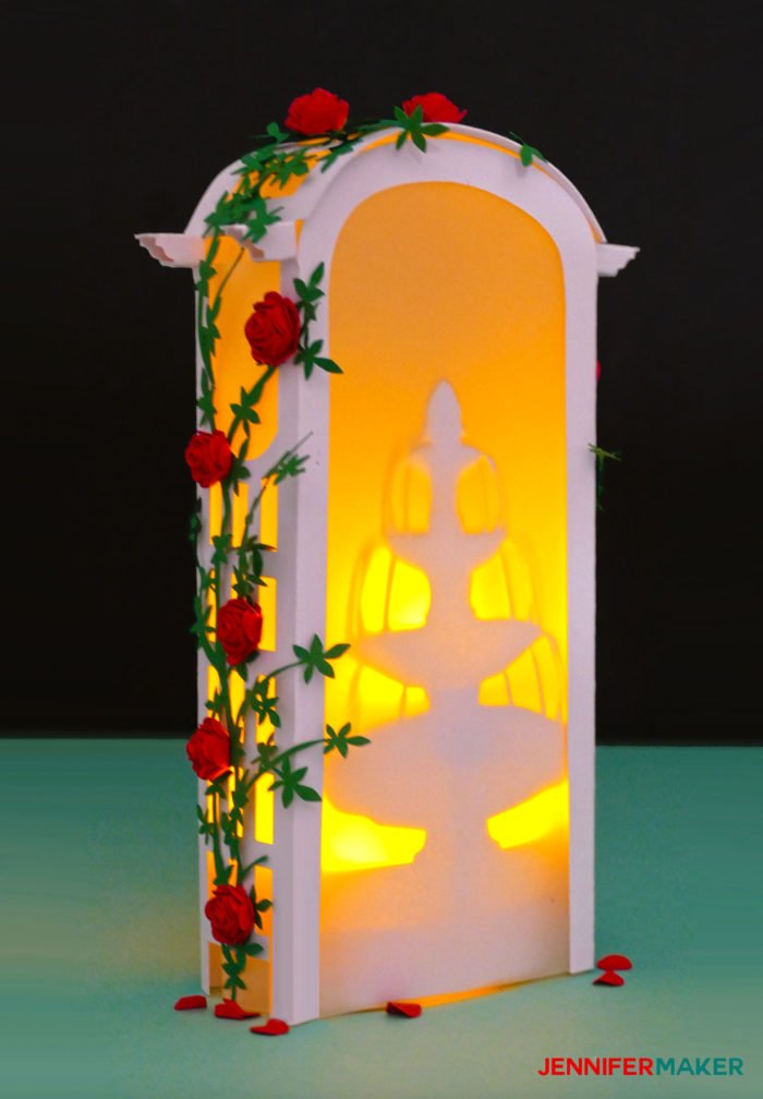 Make a Paper Rose Arbor Luminary for wedding decor, parties, centerpieces, and memorials #cricut #papercraft #paperflowers #luminary #diy #weddingdecor