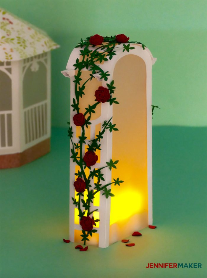 Paper Rose Arbor Luminary covered with miniature paper roses and LED tealights