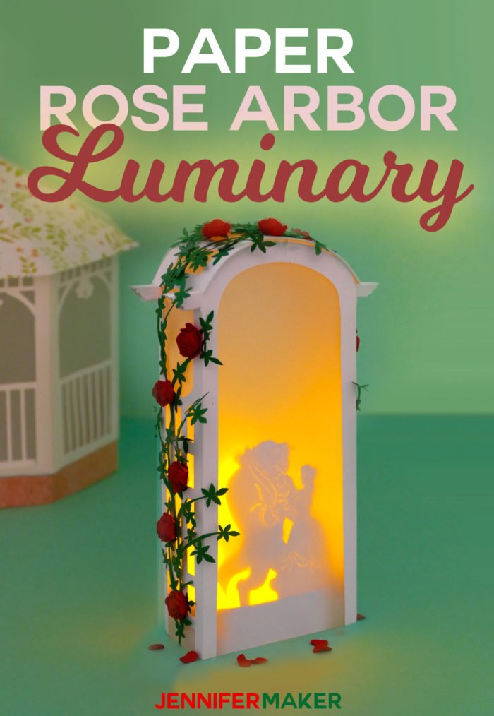 Make a Paper Rose Arbor Luminary with Beauty & the Beast or other silhouette designs for wedding decor, parties, centerpieces, and memorials #cricut #papercraft #paperflowers #luminary #diy #weddingdecor #disney #beautyandthebeast