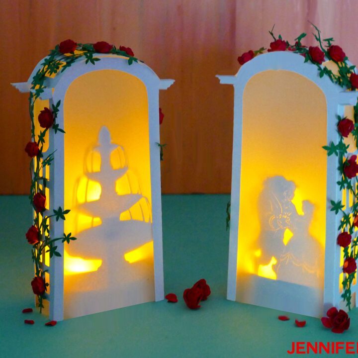 Make a Paper Rose Arbor Luminary with Beauty & the Beast or other silhouette designs for wedding decor, parties, centerpieces, and memorials #cricut #papercraft #paperflowers #luminary #diy #weddingdecor #disney #beautyandthebeast