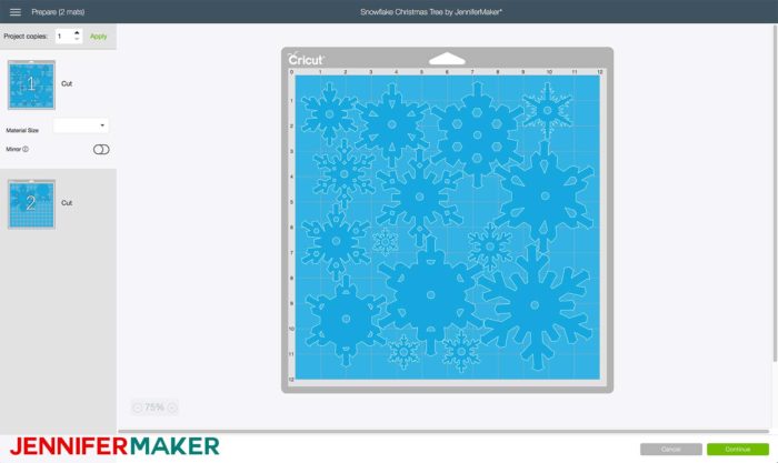 The paper snowflake christmas tree luminary on two mats in Cricut Design Space