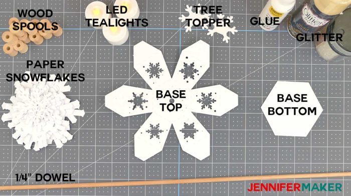 Materials needed to make a paper snowflake Christmas tree luminary