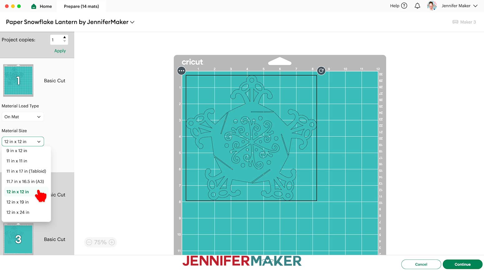 Prepare screen, Material Size is set to 12 x 12 inches.