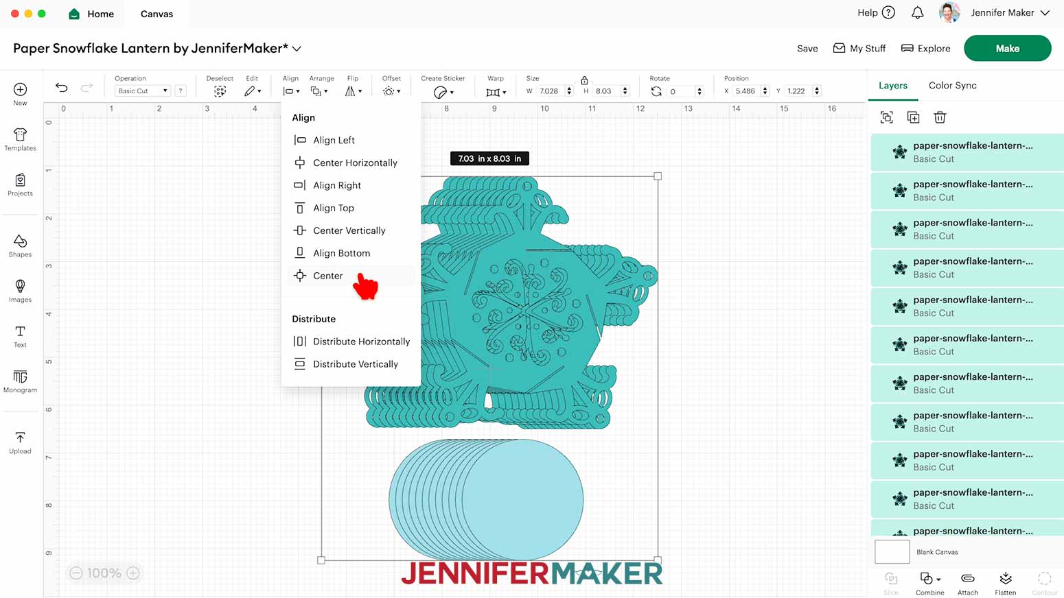 All the layers are selected, align menu is open and center is selected.