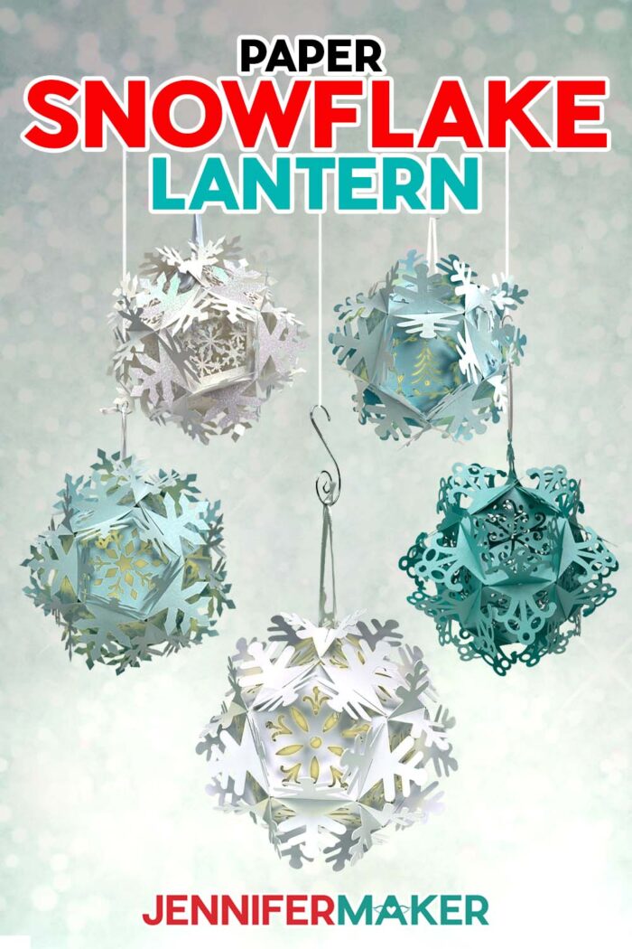 Get free Snowflake Lantern SVG files with a tutorial to learn to make them! Delicate light-up paper snowflakes hang in a snowy scene