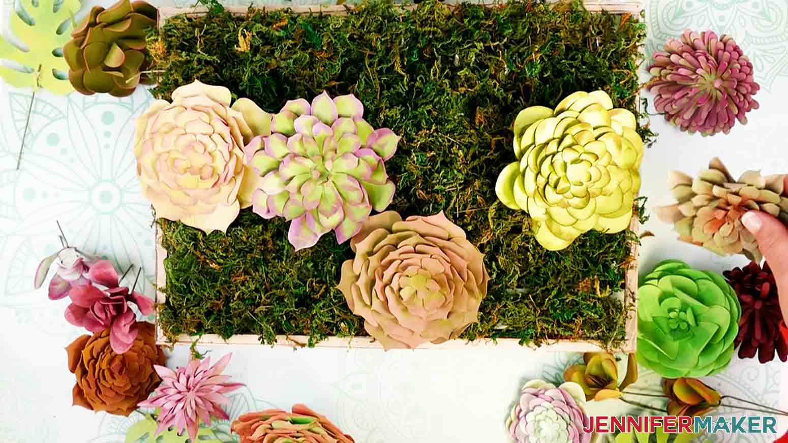 Arrange all the succulents in the tray until you are pleased with how they look for my paper succulents project