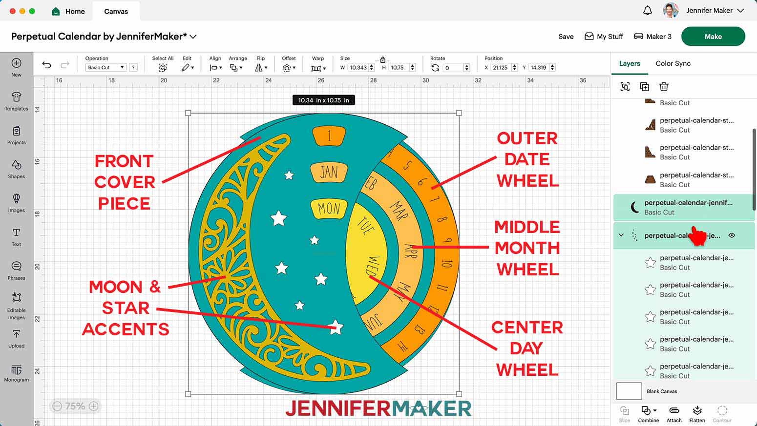 In Cricut Design Space, the accent pieces for the perpetual calendar are labeled in order from top left to bottom right: Front Cover Piece, Moon and Star Accents, Outer Date Wheel, Middle Month Wheel, and Center Day Wheel