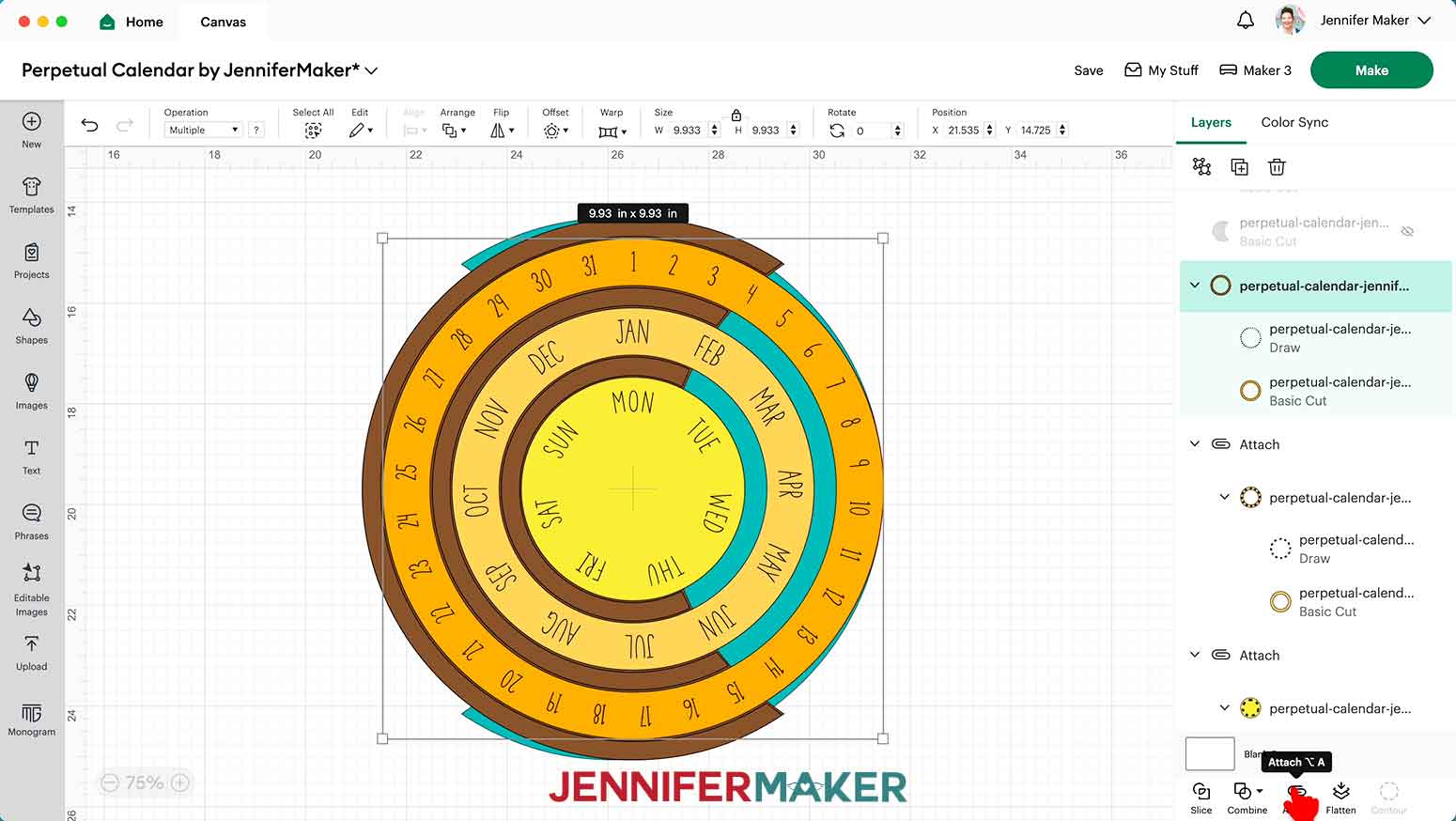 In Cricut Design Space, select the perpetual calendar's grouped wheel Draw and Basic Cut layers and click Attach to keep them together