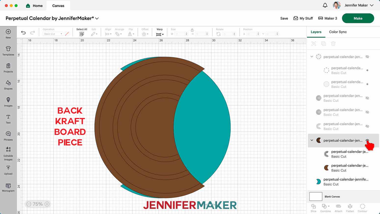 In Cricut Design Space, the brown back Kraft board piece for the perpetual calendar, showing the black guidelines