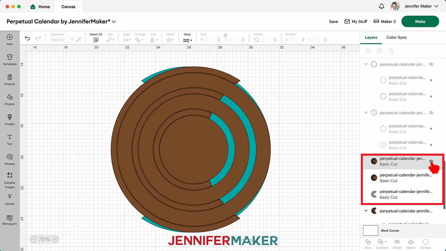 In Cricut Design Space, the brown track and wheel pieces for the perpetual calendar, grouped into three separate layers in the Layers Panel