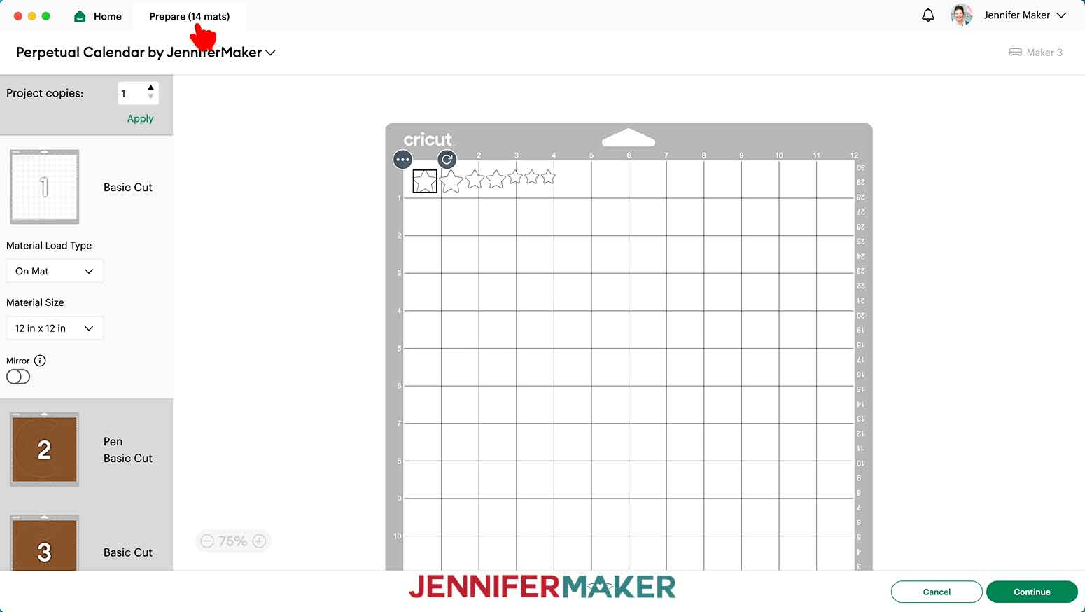 On the Cricut Design Space Prepare Screen for the perpetual calendar, there are 14 mats