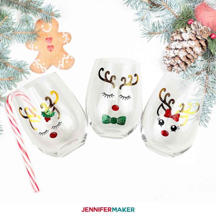 DIY Personalized Wine Glasses with reindeer design vinyl decals placed on them
