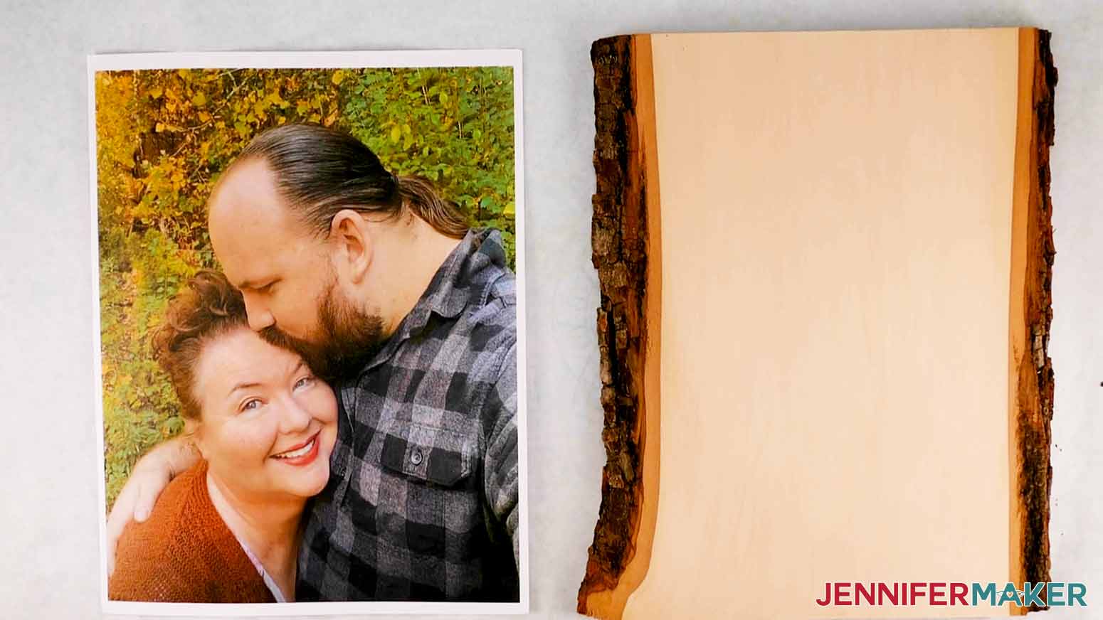 photo of Jennifer and Greg next to blank piece of basswood