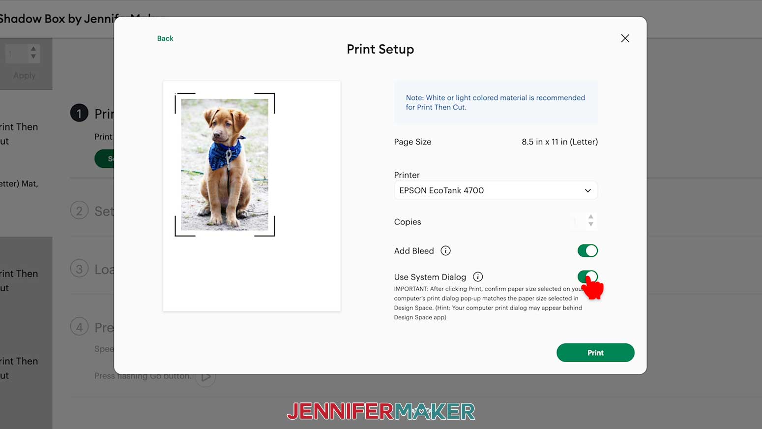 In the pop-up window,&nbsp; select the correct printer in the drop-down menu, and toggle on &ldquo;Use System Dialog.&rdquo;