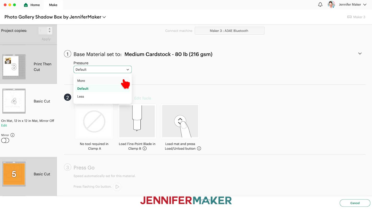 When you get to your cardstock mats, make sure to change the material settings to &ldquo;Medium Cardstock - 80 lb (216 gsm)&rdquo; with &ldquo;More&rdquo; pressure.