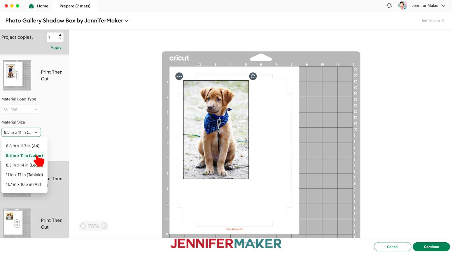 On the Prepare screen, make sure the correct Material Size is selected for your mats. NOTE: I&rsquo;ll use &ldquo;8.5 in x 11 in&rdquo; for my Print Then Cut mats, and &ldquo;12 in x 12 in&rdquo; for my Basic Cut mats.
