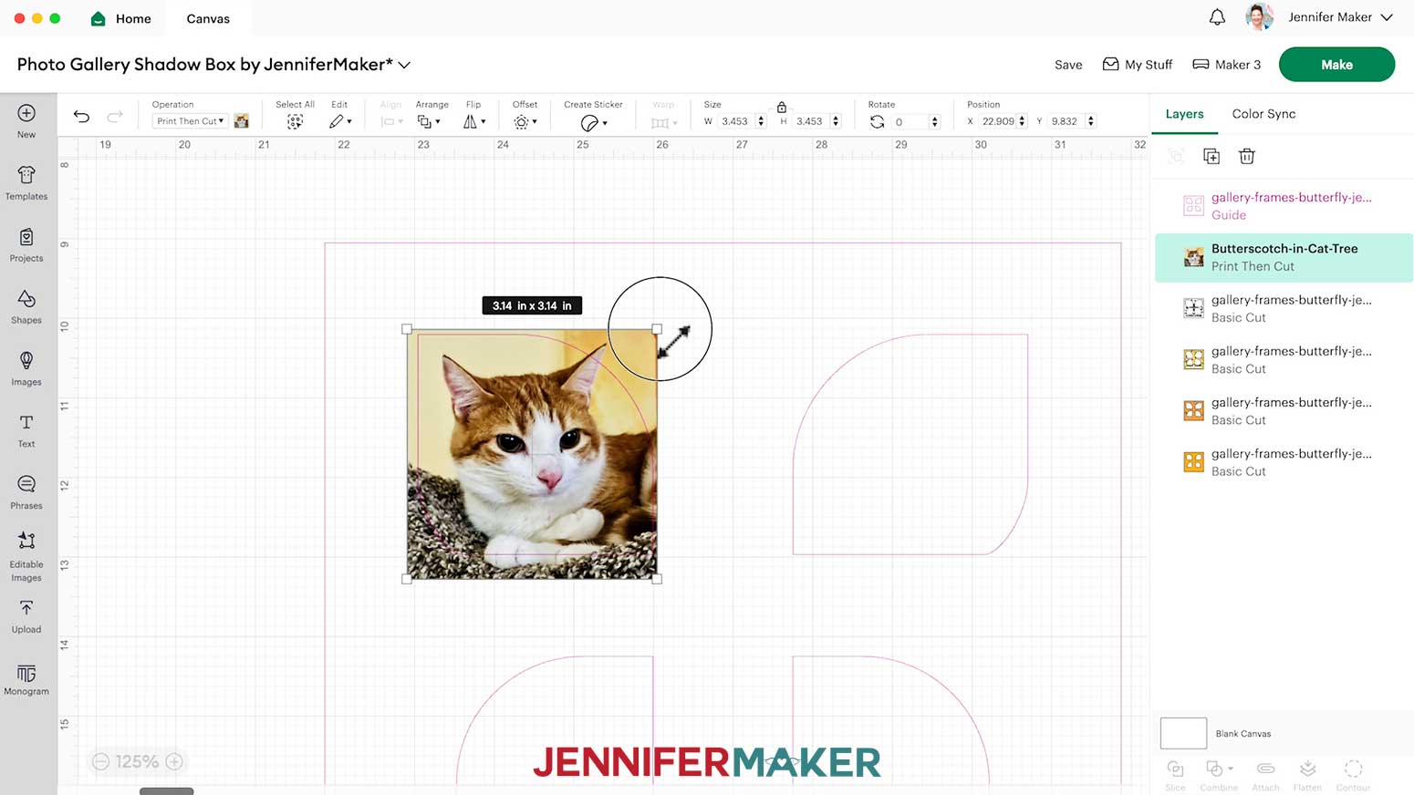 Select your photo, then, with the &ldquo;Lock&rdquo; icon closed, click and drag the corners of its bounding box until the subject fits in the top left Guide frame. Use the &ldquo;Plus (+)&rdquo; icon to zoom in and see the pink line more easily if needed.