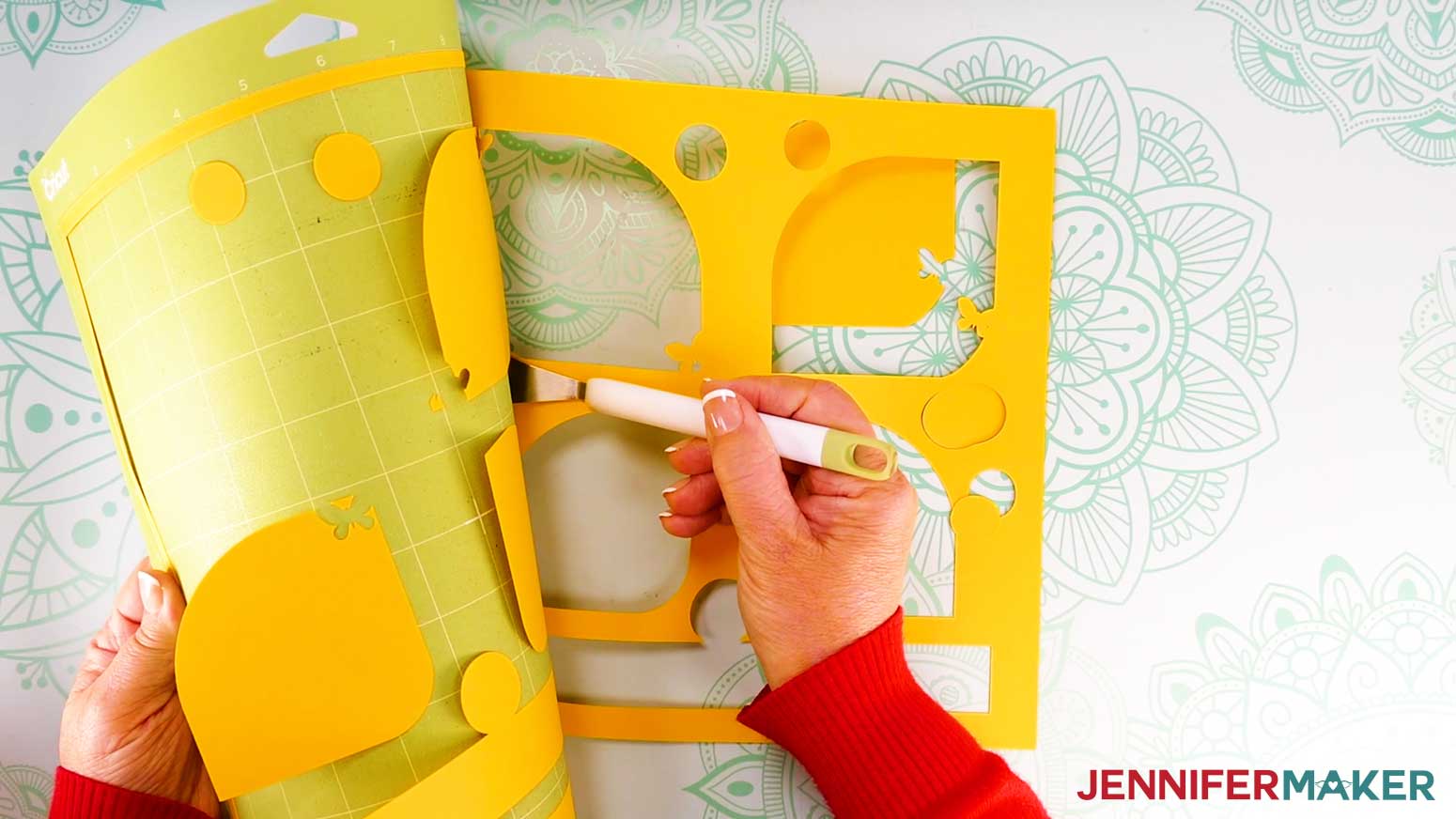 Use the spatula to help lift delicate parts, and your weeding tool to poke out small bits of cardstock that may have been left behind. TIP: If you have any issues with your cuts, check out my Cricut Tips & Tricks for Cleaner Cuts.