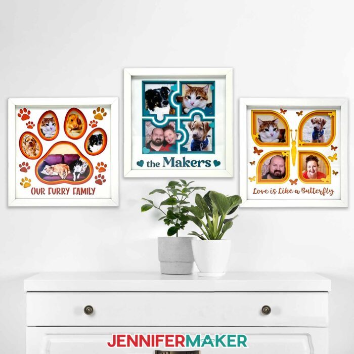 Learn to make a Photo Gallery Shadow Box with layered cardstock in JenniferMaker's tutorial! Three cardstock shadow boxes featuring Jennifer's pets and favorite family photos hang on a wall over a dresser with two plants.