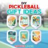 DIY Pickleball Gift Ideas you can sublimate! Six pickleball paddles with amusing designs are on display at a pickleball court.