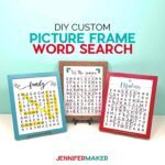 Three picture frames with word searches inside of them on teal background
