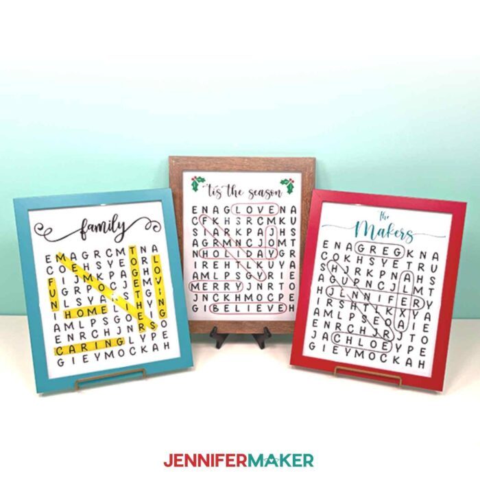 Three picture frames with word searches inside on teal background