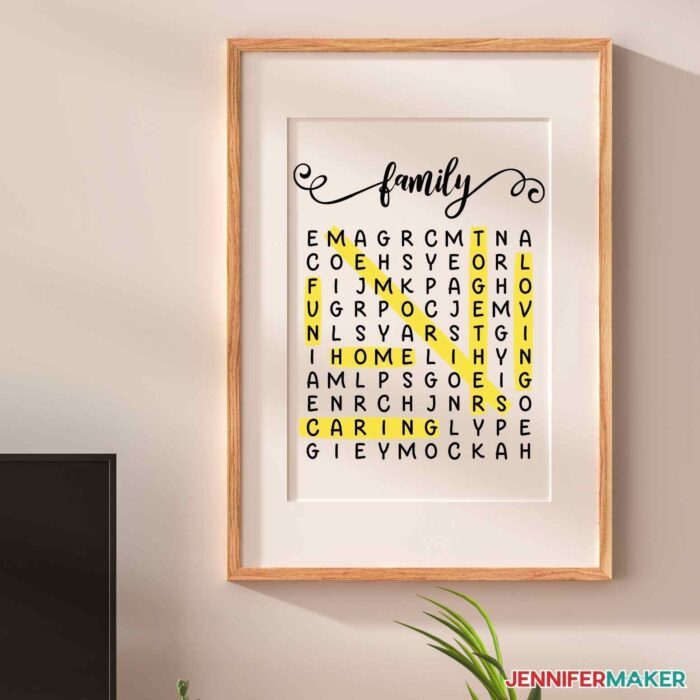 Framed word search hanging on tan wall