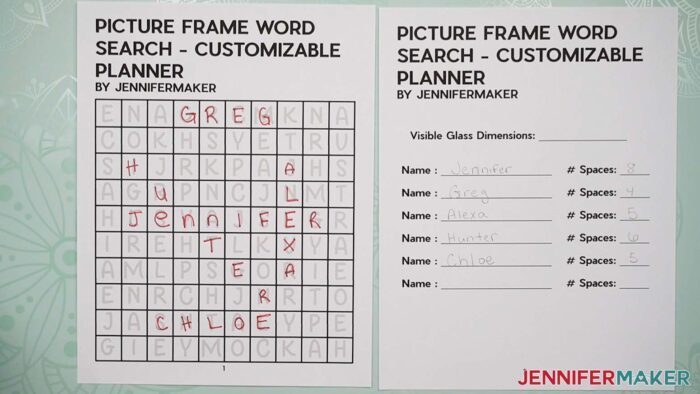 Picture Frame Word Search Planner complete with personalized names.