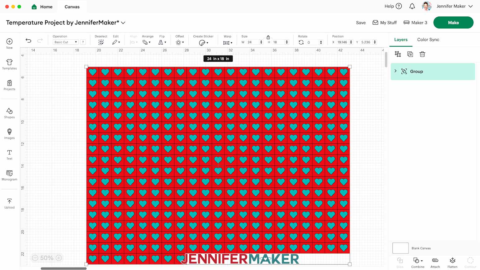 The full year grid of icons for the Temperature Project load onto Cricut Design Space Canvas as twenty-four inches by eighteen inches.