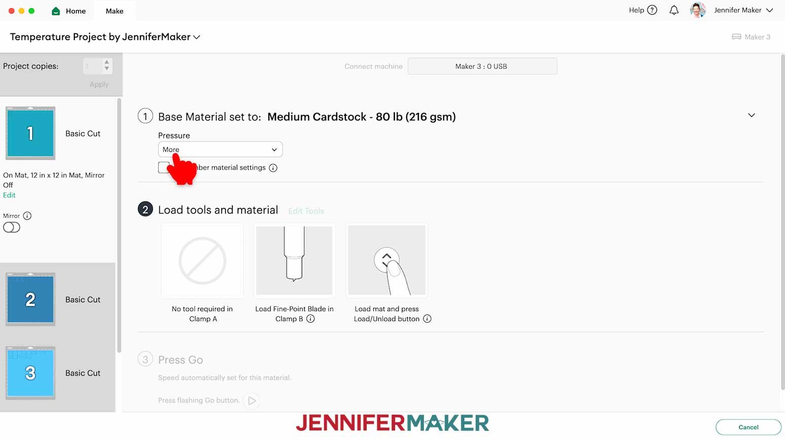 Set the cardstock cutting pressure to More Pressure and the Material to Medium Cardstock for the Temperature Tracking Project icons.