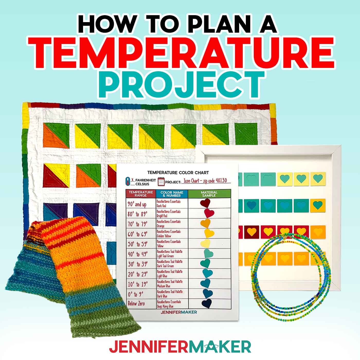 Plan a Temperature Project with the free tutorial and planning sheets! A collection of colorful temperature tracking projects like a scarf, necklace, and quilt, with a Temperature Color Chart in the center
