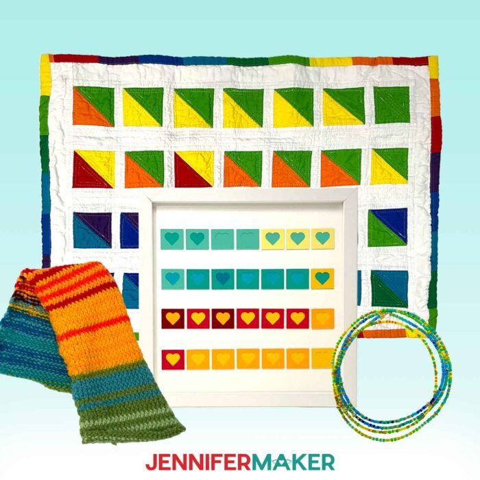 Four temperature projects, a scarf, a shadow box, a necklace, and a small quilt, on display against a blue background. Learn how to Plan a Temperature Project with this free tutorial and tracking sheets!